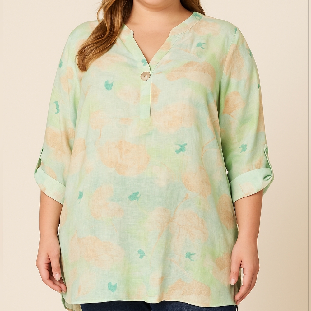 Ruby Rd Easy Breezy Blouse XL‎ Green Beige Floral Button Tunic NWT $65 MSRP